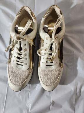 Michael Kors Maddy Mixed Media Vanilla Brown Gold Leather Trainers